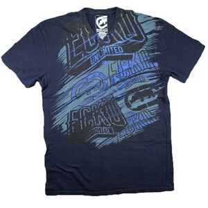 Vintage Ecko Unltd AOP T Shirt Men's Medium Black Y2K Rhino Shiny Hip Hop